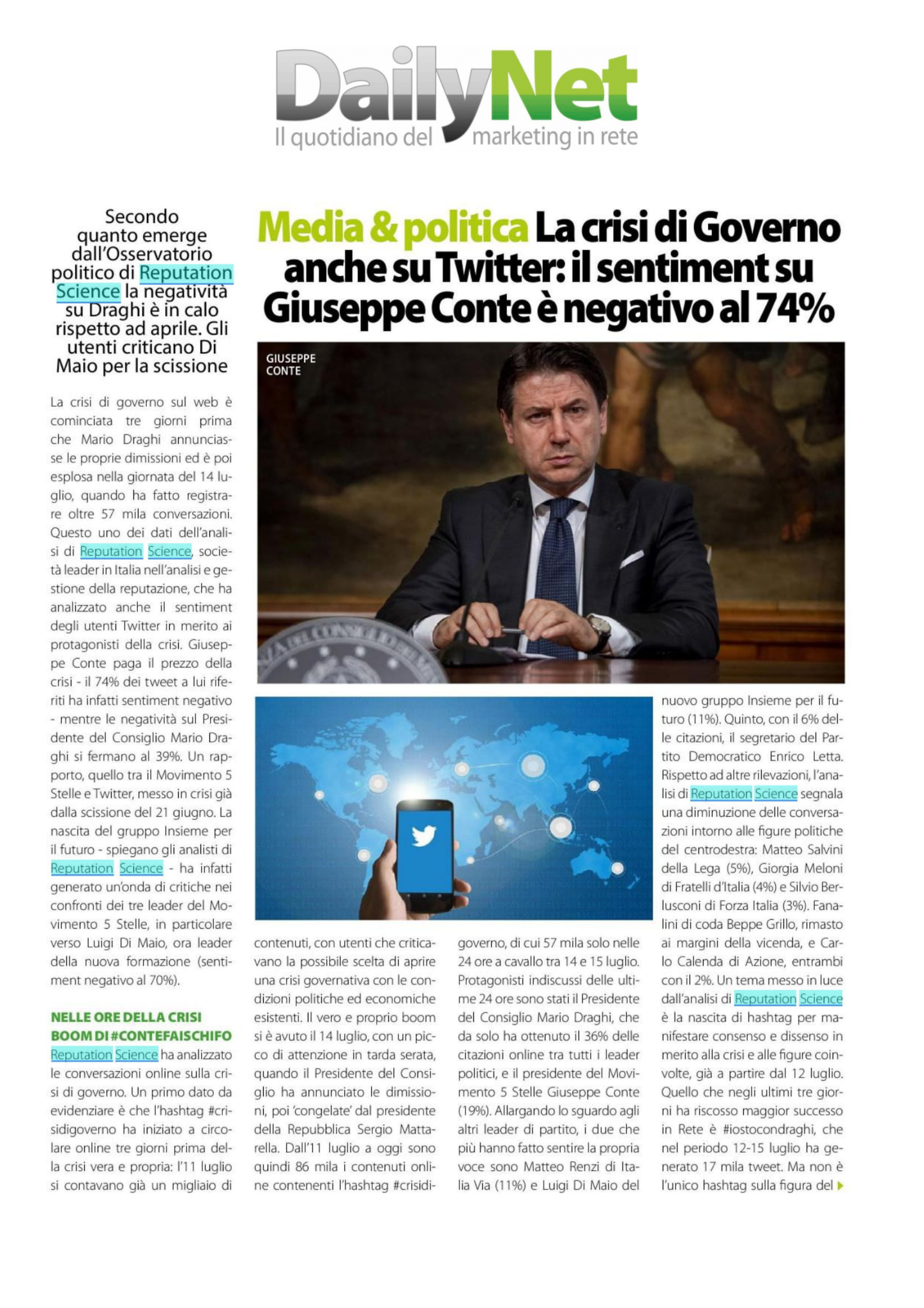 Reputation Science_DailyNet_Analisi crisi governo reputazione Draghi Conte