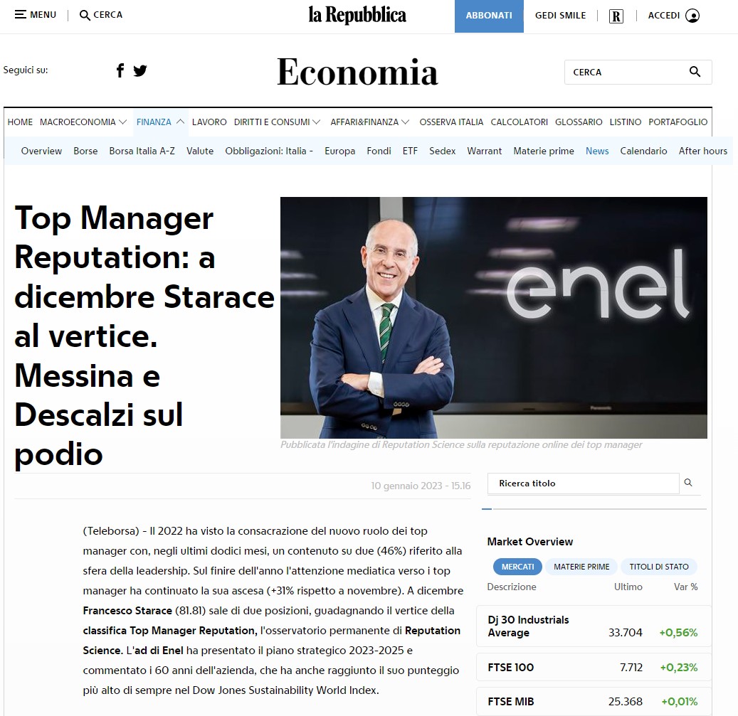 La Repubblica_Top Manager Reputation dicembre 2022