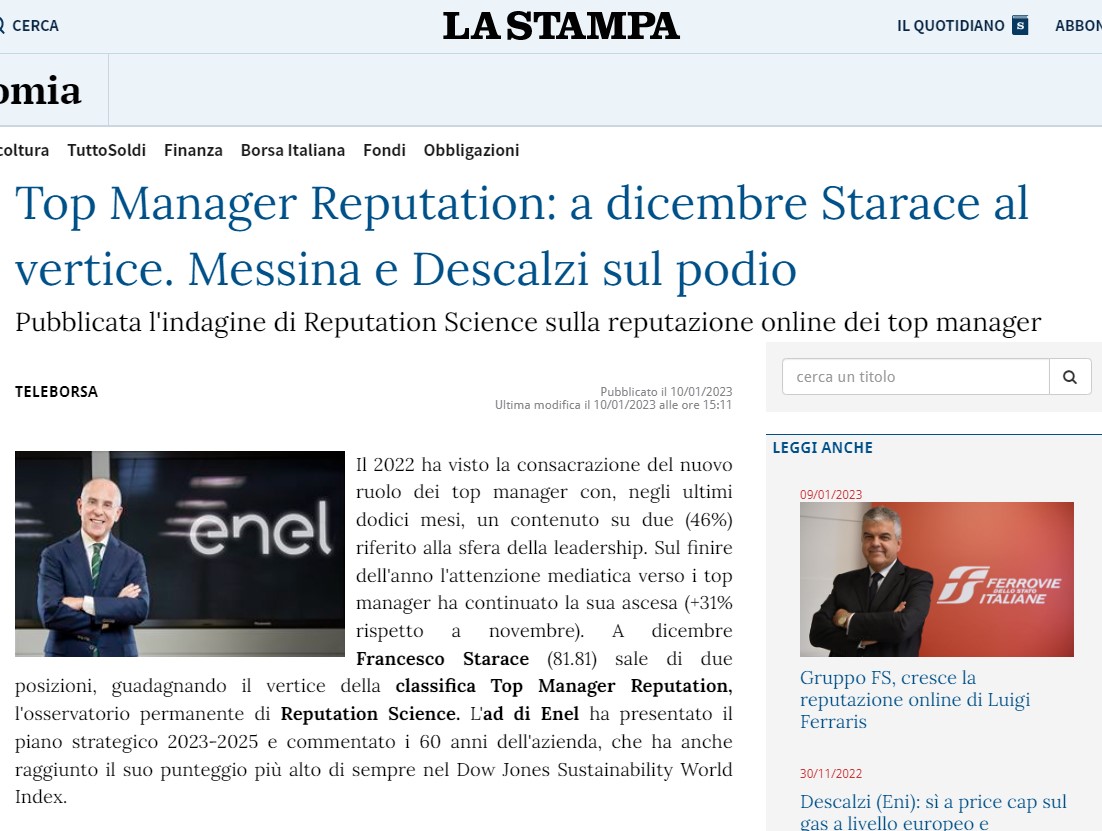 La Stampa_Top Manager Reputation dicembre 2022