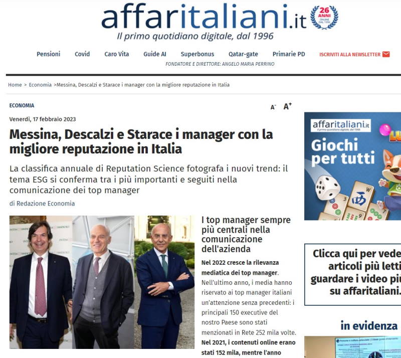 Affaritaliani_Top Manager Reputation classifica annuale