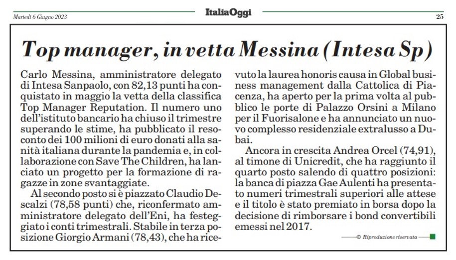 Top Manager Reputation_ItaliaOggi_Maggio 2023